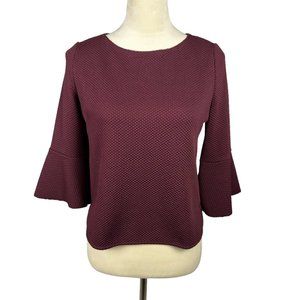 Zara W&B Tunic 3/4 Length Bell Sleeve Burgundy Blouse Women's Size M